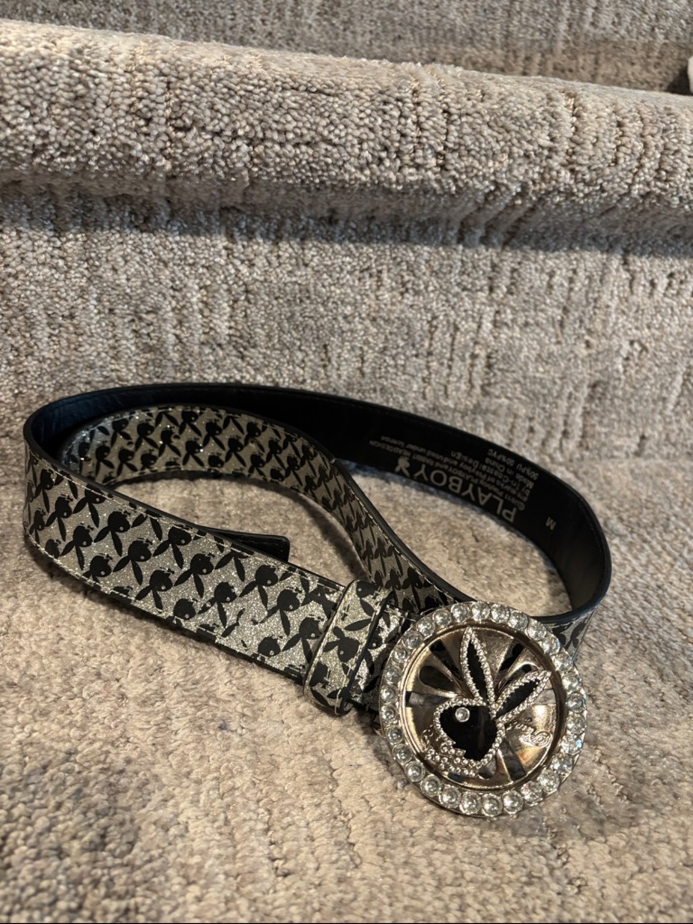PLAYBOY Black & Silver Bunny Print Crystal Buckle spinner belt size M - Picture 2 of 7